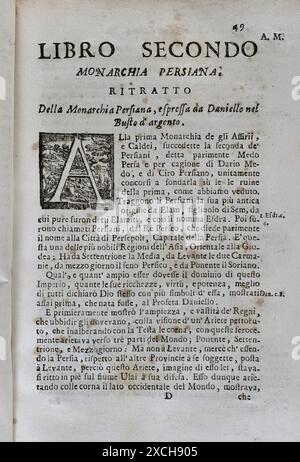 "Mappamondo Istorico". Geordnete Erzählung der vier höchsten Reiche der Welt, von Nino, dem ersten Kaiser der Assyrer, über den österreichischen Leopold und die Monarchie Christi. Buchen Sie Zwei. Persische Monarchie. Von Pater Antonio Foresti (1625–1692), von der Gesellschaft Jesu. Band I. Parma, 1711. Autor: Antonio Foresti (1625-1692). Italienischer Jesuit und Historiker. Stockfoto