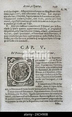 "Mappamondo Istorico". Geordnete Erzählung der vier höchsten Reiche der Welt, von Nino, dem ersten Kaiser der Assyrer, über den österreichischen Leopold und die Monarchie Christi. Kapitel V. der Fürsten und Magistrate der Armee. Von Pater Antonio Foresti (1625–1692), von der Gesellschaft Jesu. Band I. Parma, 1711. Autor: Antonio Foresti (1625-1692). Italienischer Jesuit und Historiker. Stockfoto