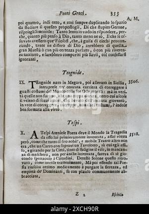 "Mappamondo Istorico". Geordnete Erzählung der vier höchsten Reiche der Welt, von Nino, dem ersten Kaiser der Assyrer, über den österreichischen Leopold und die Monarchie Christi. Griechische Dichter. Theognis und Thespis. Von Pater Antonio Foresti (1625–1692), von der Gesellschaft Jesu. Band I. Parma, 1711. Autor: Antonio Foresti (1625-1692). Italienischer Jesuit und Historiker. Stockfoto