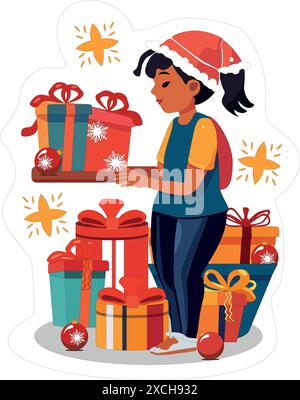 Das Rätsel der Wahl: Ein Mädchen und die Schwierigkeiten, ein Geschenk für das neue Jahr zu verpacken. Ein Mädchen ist umgeben von vielen Geschenken und Weihnachtsbällen Stock Vektor