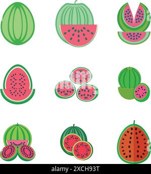 Optionen für Wassermelonen-Symbole Ganzkörper und Schnitte Stock Vektor