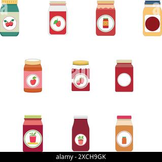 Gläser in verschiedenen Farben mit Papierstau und Etiketten Stock Vektor