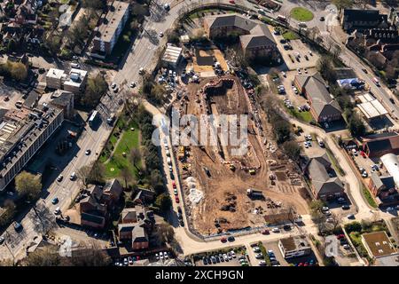 Luftbild der Bauarbeiten der Nottingham Bluecoat Trent Academy aus 1500 Fuß, die Ausgrabungen zeigen Stockfoto