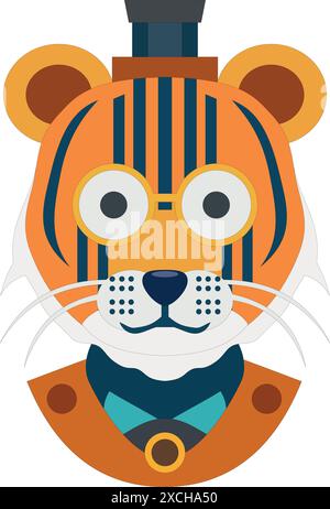 Gestreifter Tiger im Steampunk-Stil mit runden Augen Stock Vektor