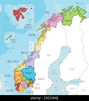 Vektor-illustrierte Regionalkarte von Norwegen mit Grafschaften und Gebieten sowie Nachbarländern. Bearbeitbare und klar beschriftete Ebenen. Stock Vektor