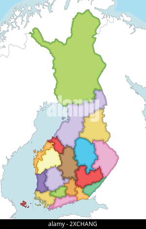 Vektor illustrierte leere Karte Finnlands mit Regionen oder Grafschaften und Verwaltungseinheiten sowie Nachbarländern. Bearbeitbar und klar beschriftet Stock Vektor