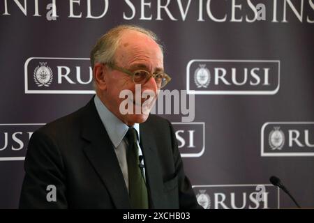 Ehemaliger britischer Verteidigungsminister Malcolm Rifkind bei RUSI, London, Vereinigtes Königreich Stockfoto