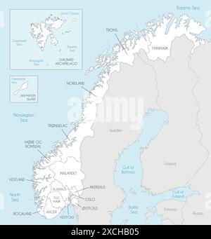 Vektor-Regionalkarte von Norwegen mit Grafschaften und Gebieten sowie Nachbarländern. Bearbeitbare und klar beschriftete Ebenen. Stock Vektor