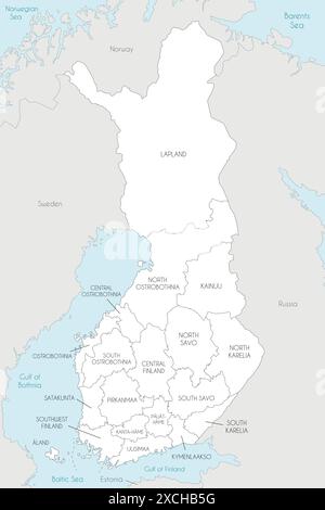 Vektorkarte Finnlands mit Regionen oder Grafschaften und Verwaltungseinheiten sowie Nachbarländern. Bearbeitbare und klar beschriftete Ebenen. Stock Vektor