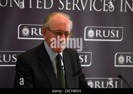 Ehemaliger britischer Verteidigungsminister Malcolm Rifkind bei RUSI, London, Vereinigtes Königreich Stockfoto