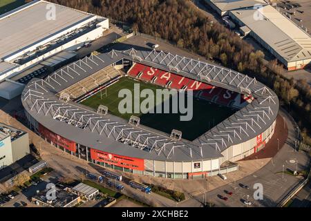 Luftbild des St. Helens Rugby Totally Wicked Stadions aus 1500 Metern Entfernung Stockfoto