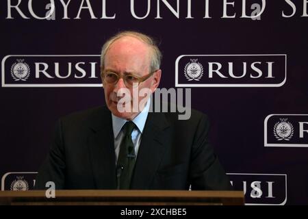 Ehemaliger britischer Verteidigungsminister Malcolm Rifkind bei RUSI, London, Vereinigtes Königreich Stockfoto