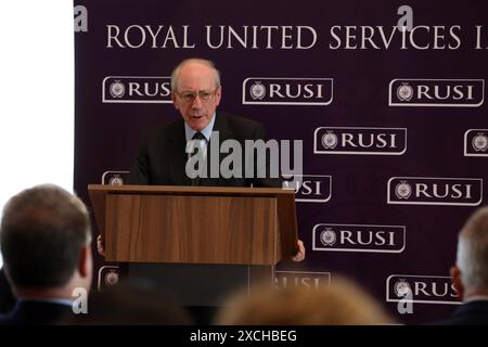 Ehemaliger britischer Verteidigungsminister Malcolm Rifkind bei RUSI, London, Vereinigtes Königreich Stockfoto