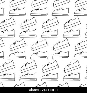 Outline Sneakers mit Schnürung nahtloses Muster im minimalistischen Stil abstrakte Hintergrundstruktur oder Promo-Idee. Vektorisolierung EPS. Verpackung, Hintergrundbild oder Web, Karten, Poster, Banner, Label, Preisdesign-Konzept Stock Vektor