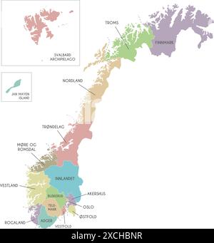 Vektor-Regionalkarte von Norwegen mit Grafschaften und Gebieten sowie Verwaltungseinheiten. Bearbeitbare und klar beschriftete Ebenen. Stock Vektor