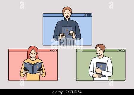 Online-Messe von Priestern, die Bibel lesen, mit Gläubigen, die aus Computerfenstern schauen. Menschen studieren christliche und katholische oder orthodoxe Religion und Gebet durch eine ferne Messe im Internet Stock Vektor