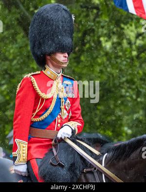 London 15. Juni 2024 Prinz William nimmt an Trooping the Colour zu Pferd Teil und wird bei starkem Niederschlag in den Buckingham Palace zurückgebracht. Credit: MartinJPalmer/Alamy Live News Stockfoto