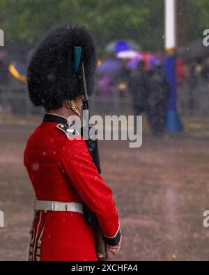 London, 15. Juni 2024, Trooping die Farbe. Ein King's Guard steht in der Mall während eines sehr schweren Dusches locker. Credit: MartinJPalmer/Alamy Live News Stockfoto