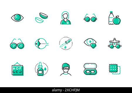 Augenuntersuchung durch einen Ophthalmologen - Set von Symbolen im Liniendesign Stock Vektor