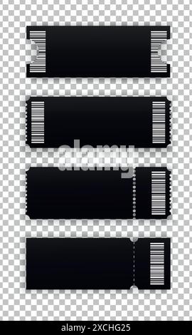 Abstrakte Vorlage für leere Tickets auf transparentem Hintergrund. Ticketmodell in verschiedenen Formen mit Barcode, Vorderansicht. Realistischer Stil. Vektorillustr Stock Vektor