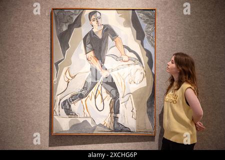 London, England, Großbritannien. Juni 2024. Bonhams Mitarbeiter steht von John Craxton R.A. (British, 1922-2009) Goatherd and Goat, 127 x 104 cm (50 x 40 Zoll), geschätzt von 100.000 GBP bis 150 000 GBP, während des Fotorufs für den Modern British Art Sale in Bonhams London. (Kreditbild: © Thomas Krych/ZUMA Press Wire) NUR REDAKTIONELLE VERWENDUNG! Nicht für kommerzielle ZWECKE! Stockfoto