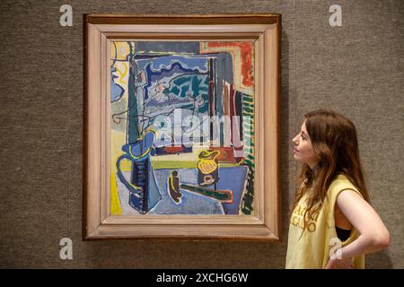 London, England, Großbritannien. Juni 2024. Bonhams-Mitarbeiter steht von Patrick Heron (British, 1920-1999) The Langdale Pikes, Dämmerung: 1949-50, 76,2 x 63,5 cm 30, geschätzt auf GBP 200.000 - GBP 300.000, während des Fotorufs für den Modern British Art Sale in Bonhams London. (Kreditbild: © Thomas Krych/ZUMA Press Wire) NUR REDAKTIONELLE VERWENDUNG! Nicht für kommerzielle ZWECKE! Stockfoto