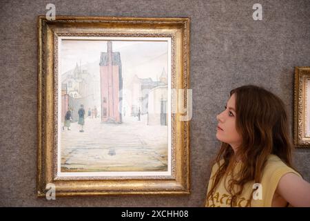 London, England, Großbritannien. Juni 2024. Bonhams Staff steht von Laurence Stephen Lowry R.A. (British, 1887-1976) Old Buildings, Edinburgh, 53,3 x 43,2 cm, geschätzt von GBP 180.000 - GBP 250.000, während des Fotorufs für den Modern British Art Sale in Bonhams London. (Kreditbild: © Thomas Krych/ZUMA Press Wire) NUR REDAKTIONELLE VERWENDUNG! Nicht für kommerzielle ZWECKE! Stockfoto