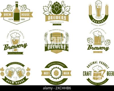 Brauereiabzeichen. Bierproduktion dekorative Etiketten oder Logos mit Platz für Text neue Vektor Alkohol Symbole Stock Vektor