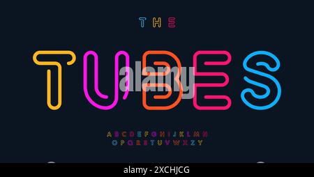 Leuchtende Nachtclub-Schriftart, leuchtende Casino-Buchstaben, moderne Schriftart für bunte Partylogos, lebhaftes typografisches Design, minimalistische lineare Umrisse Stock Vektor