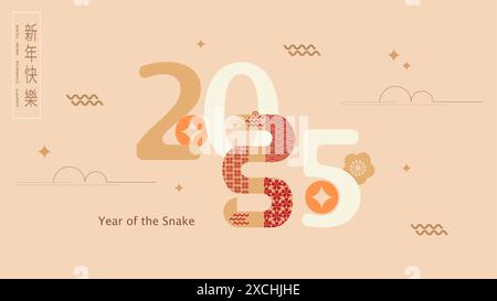 Chinesisches Neujahr 2025, Jahr der Schlange. Chinesische Neujahrsbanner-Vorlage mit Schlangen- und traditionellen Mustern. Übersetzung aus dem Chinesischen Happy New Yea Stock Vektor