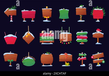 Zeichentrickfilm weihnachtsschilder aus Holz. Schildertafeln und Richtungspfeile. Nordpolelemente, Werbetafeln und Banner aus Holz, heute Vektorsammlung Stock Vektor