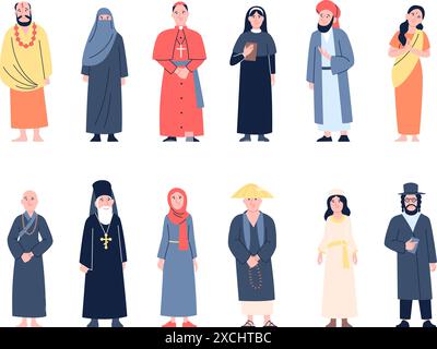 Mönche und Nonnen. Religiöse Menschen in traditioneller Kleidung, Nonnen- und Priesterfiguren. Katholisch-orthodoxer hinduismus muslimische jüngste Vektor-Männer und -Frauen Stock Vektor