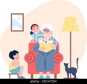 Großmutter liest Buch-Enkelkinder. Ältere, lustige Nanny für Jungen und Mädchen. Gemütlicher Familienabend mit Oma, nette Beziehungen jüngste Vektorszene Stock Vektor