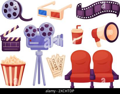 Kinoelemente. 3D-Gläser, Pop-Maiskübel-Kamera-Megaphon und Drink. Werkzeugen und Techniken für die Filmherstellung. Film Clapper rote Stühle heute Vektor-Set Stock Vektor