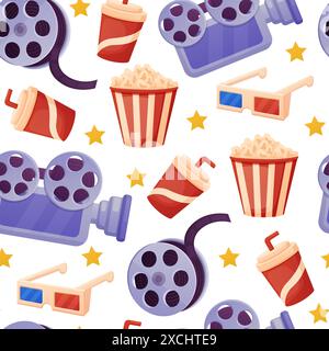 Nahtloses Kinomuster. Cartoon Kamera 3D Gläser und Popcorn, Trinkbecher zum Mitnehmen und Filmband. Film heutzutage Vektor-Print-Design Stock Vektor