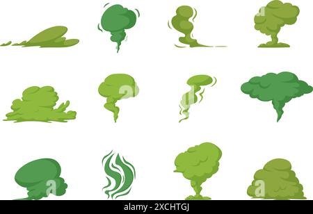 Stinkende Wolken. Grünes Geruchseffekt. Isolierte verrottende, stinkende, verdorbene Lebensmittel giftige Dämpfe und Nebel. Cartoon verschiedene Vektor-Symbole heutzutage Stock Vektor