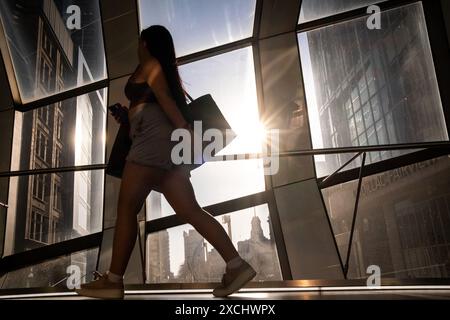 Frau mit Smartphone an der Rudy Adlaf Bridge im Toronto Eaton Centre Einkaufszentrum in Toronto, Kanadas Wirtschaftshauptstadt in der Provinz Stockfoto
