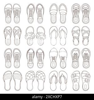 Schuhkollektion für Damen und Herren im Outline-Stil. Set aus lässigen Schuhen, Turnschuhen und Stiefeln für Damen und Herren. Vektordarstellung isoliert auf einem Stock Vektor