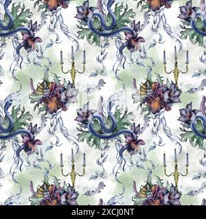 Gotisches, nahtloses Blumenmuster mit Schlangenisolierung auf weiß. Lila Blume Iris und schwarze Lilie Aquarell. Botanische Kunstdekoration für die schwarze Hochzeit Stockfoto