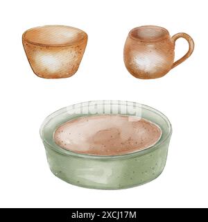 Keramikrad und Keramikbecher in Aquarellabbildung isoliert. Schüssel und Becher in ockerfarbenen Tönen handgezeichnet. Handgefertigte Gegenstände der Töpferkunst Stockfoto