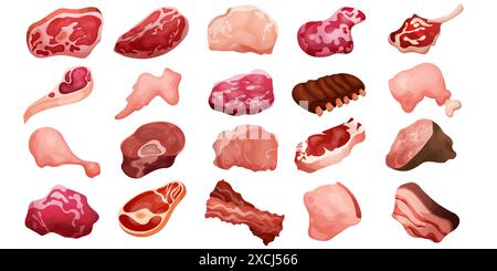 Fleischprodukte. Naturbelassenes Bauerngut. Hähnchenwurst. Rohes Rindfleisch und rotes Steak. Ungekochte Schnittstücke zum Grillen. Schweineschinken und Speck zum BBQ. Gastronomie Delikatesse. Vector Metzger Kochzutaten Set Stock Vektor