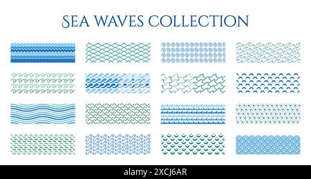 Meereswellen. Meereslinie Formen. Blauer Rahmen als Symbol oder Muster mit weißen Elementen. Textur im nautischen Stil. Abstrakte Aqua-Welligkeit. Flüssigkeitsfluss in der Leitung. Fluss. Vektor Marine Ornamente Set Stock Vektor