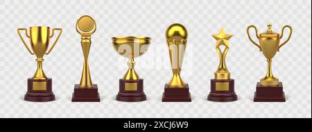 3D-Auszeichnung. Goldener Pokal für Fußballmeister. Sportwettbewerb. Goldene, glänzende Becher. Gewinnformen des Gewinners. Beste Leistung der Meisterschaft. Turniersieg. Vektor-realistische Gewinnprämien festgelegt Stock Vektor