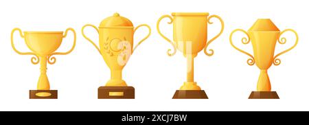 Siegerpreis. Goldene Meisterschaftsbelohnung. Goldener, glänzender Becher. Erster Platz im Metallbecher. Turniertrophäe. Beste Leistung für Führungskräfte. Wettbewerbserfolg. Premium-Qualität. Vektorsiegsymbole gesetzt Stock Vektor