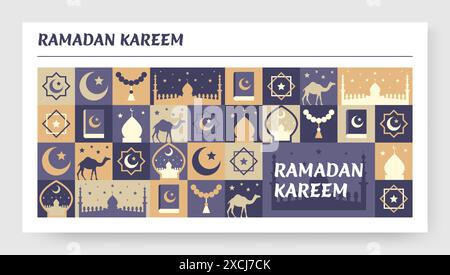 Ramadan-Muster. Islam Modern Mubarak Grußkarte. Feiertagsfest. Minimalistische arabische Laterne oder Moschee-Kuppel. Religiöse Feier. Stern- und Halbmond-Symbol. Silhouette Kamel. Hintergrund des Vektormosaiks Stock Vektor