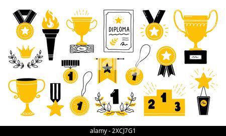 Doodle-Trophäe. Siegerpreis. Goldmedaille mit Band. Handgezeichneter Champion-Cup-Preis oder Sportpodium. Zertifikat gewinnen. Lorbeerkranz. Erfolg. Sieg im Wettbewerb. Vektorsymbole festgelegt Stock Vektor