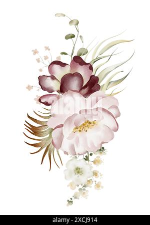 Blumenstrauß in Aquarellen. Handgezeichnete Knospen Pion, Rose, Eukalyptus und Blätter auf weißem Hintergrund. Botanische Illustration eines Hochzeitszweigs. Stockfoto