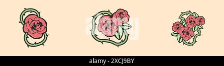 Ikonen von Rosen mit Blättern und Dornen Vektor. Logo-Symbol für Tätowierung. Set aus stilvollen, niedlichen Rosen im Cartoon-Stil. Wildrosen-Vektor. Vektorillustraten Stock Vektor