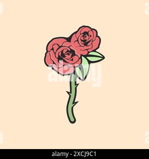 Dekorative farbige Rose mit Blättern. Vektorsymbol Rose mit Dornen. Rosensymbol für Tätowierungsvektor. Rosenblume auf weißem Hintergrund. Stock Vektor