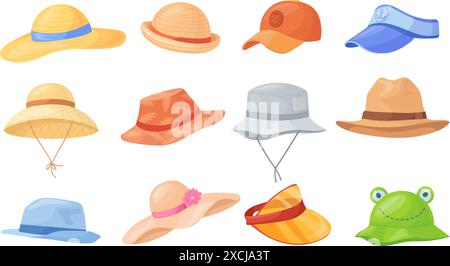 Cartoon Sommer Kopfbedeckungen. Kopfbedeckung Accessoires Mann Frau Unisex Hüte Typen, Strand Strohhut Baseball Visier Cap panama Wear Sonne Urlaub Urlaub, ordentliche Kappen Set Vektor Illustration der Zubehör Kappe Stock Vektor